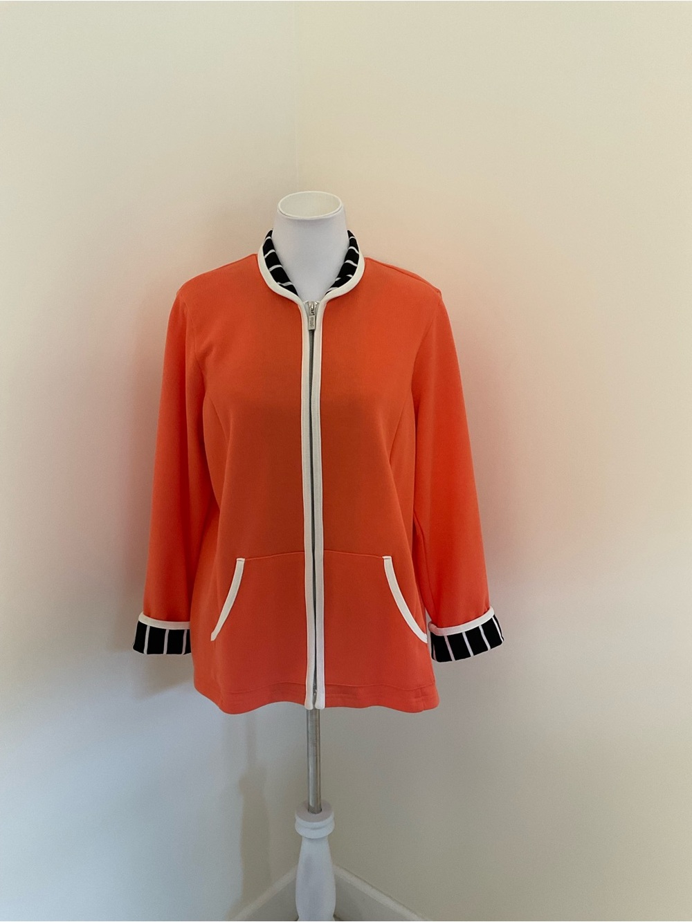 Vintage Bob Mackie Wearable Art Orange Jacket with Black & White Collar & Cuffs